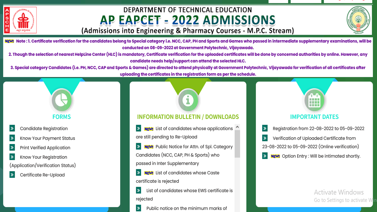 AP EAPCET Phase 1 Seat Allotment 2022 Download at cets.apsche.ap.gov.in